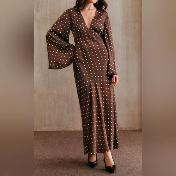 New Flowy Satin High Waist Flare Long Sleeve Maxi Dress Brown White Polka  Dot